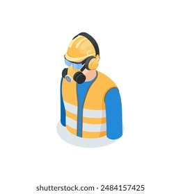 isometric vector man in a working hard hat and glasses wearing a respirator and safety headphones and a reflective vest, in color on a white background, working protective gear