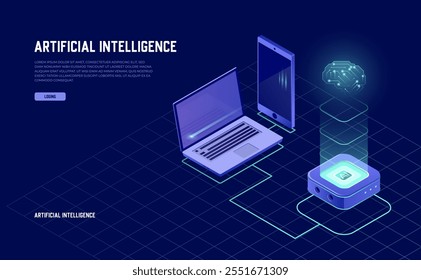 Isometric vector map illustrating data network management, artificial intelligence, and machine learning, featuring business networking servers, computers, cloud storage, and synchronized devices