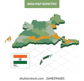 Isometric vector map of India showing states, borders, and colorful regions, ideal for educational, infographic, or presentation use.