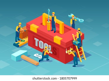 Isometric vector of a mechanic, handymen working around a tool box. 