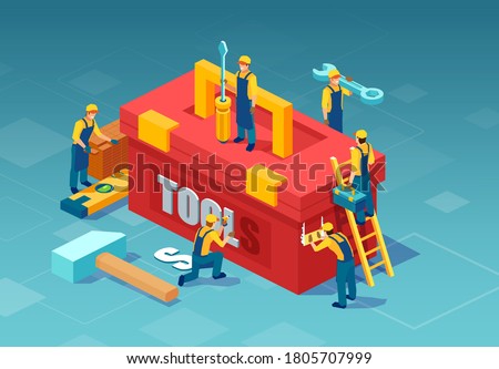 Isometric vector of a mechanic, handymen working around a tool box. 