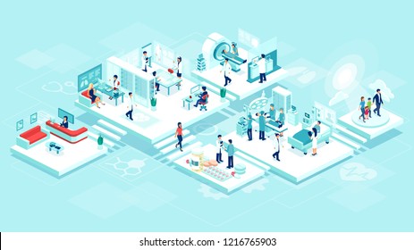 Isometric vector of a medical clinic hospital inpatient care with rooms, patients, doctors and nurses. Healthcare technology and imaging studies concept.