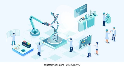 Vector isométrico de un laboratorio médico con científicos explorando la estructura molecular del adn en equipos de laboratorio modernos que realizan pruebas genéticas 