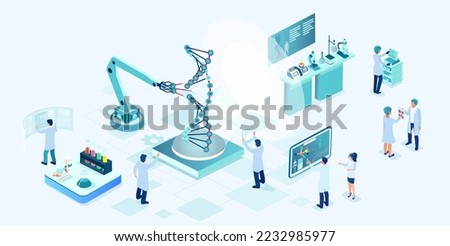 Isometric vector of a medical laboratory with scientists exploring molecular structure of dna on modern laboratory equipment conducting genetic testing 