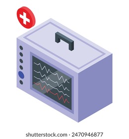 Isometric vector of a medical monitor with screen displaying vital signs, suitable for healthcare design