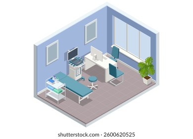 Isometric vector medical ultrasound room, equipped with examination bed, ultrasound machine, medical cart, doctor's desk, computer, chairs, and plants, creating a welcoming diagnostic space.
