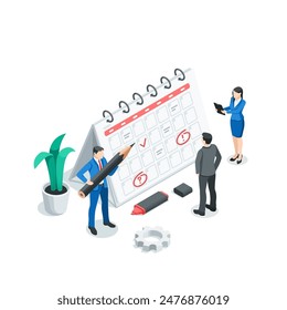 isometric vector men and woman near the calendar, in color on a white background, planning or teamwork with calendar