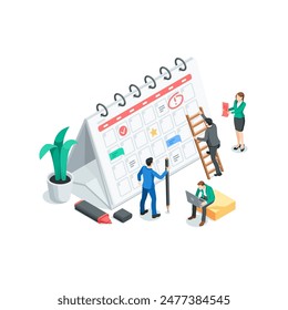 isometric vector men and woman near the calendar, in color on a white background, planning or teamwork with calendar