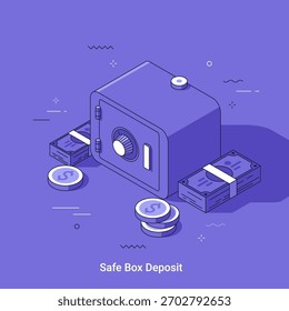 Metáfora isométrica del Vector Caja fuerte con dinero y monedas. Concepto de seguridad financiera y protección de activos. Ilustración de banca, inversión y ahorro.