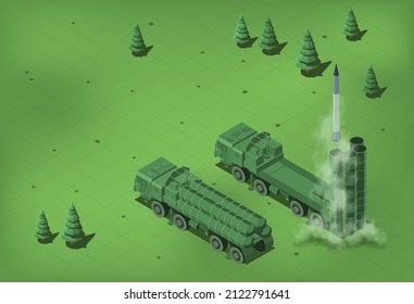 Isometric vector. Military exercises of the armed forces in the forest. The launch of a new Russian air defense missile to destroy aircraft and combat unmanned aerial vehicles. 
