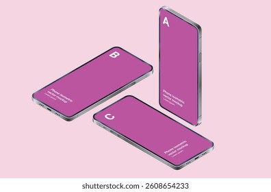 Isometric vector mobile phones mockup - Semi 3d perspective illustration template graphic of three unbranded smartphone screens in various positions in pink or lilac colour