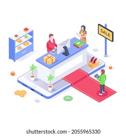 An isometric vector of mobile shopping in modern style 