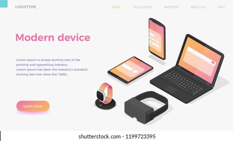 Isometric vector modern devices  smartphone, laptop, tablet, smart watch, wireless charger, VR. Landing page horizontal banner template.