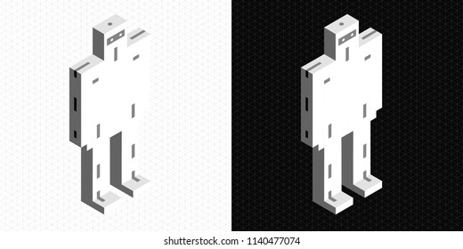 Isometric vector monochrome illustration. A set of toy robots on a background of a dark and bright isometric grid.