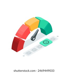 escalas isométricas de sentimiento de Vector, en color sobre un fondo blanco, escala con flecha y emoticonos