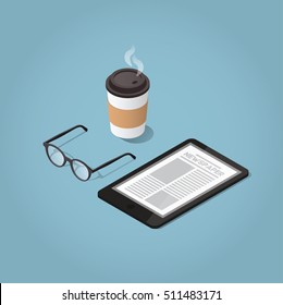 Isometric Vector Morning Digital Morning Newspaper Concept Illustration. Tablet With A Daily News Website, Glasses For Reading And Hot Morning Coffee. Modern Business Lifestyle.