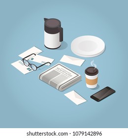 Isometric vector morning newspaper concept illustration. Daily news paper, glasses for reading, phone and hot morning coffee. Modern business lifestyle.