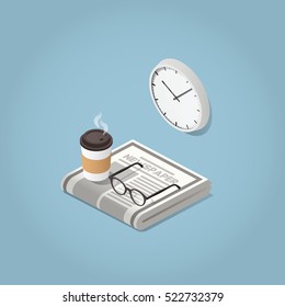 Isometric vector morning newspaper concept illustration. Daily news paper, glasses for reading, wall clock and hot morning coffee. Modern business lifestyle.