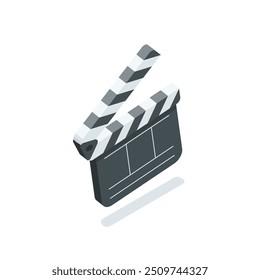 isometric vector movie clapperboard icon, in color on white background, filming clips or video