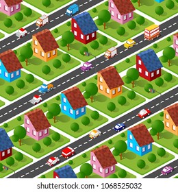 Isometric vector nature rural illustration of village ranch and farm countryside with 3d agriculture building house and barn, green field.