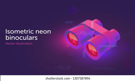 Isometric vector neon binoculars. 3d binoculars illuminated with neon light. Usable for web site design, logo, app, UI, posters. Vector illustration, EPS10. 
