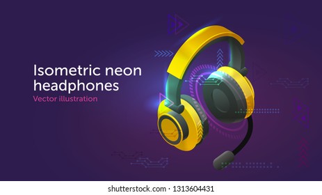 Isometric vector neon Headset.
3d Headphones with microphone illuminated with neon light. Usable for web site design, logo, app, UI, posters. Vector illustration, EPS10. 