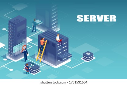 Isometric vector of network of servers and technical support personnel  