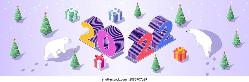 Isometric vector. New Year or Christmas banner for the site. Figures 2022, gifts in the snowy forest of Christmas trees. White bears. Order a purchase in the online store at home in sale with delivery