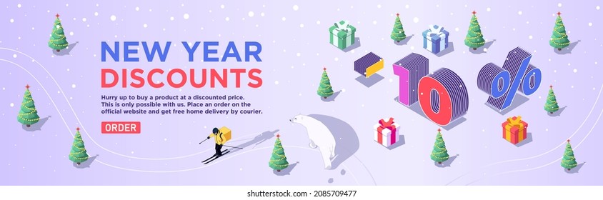 Isometric vector. New Year or Christmas banner of 10% off discount. Gifts in the snowy forest of Christmas trees. White bears. Order a purchase in the online store at home in sale with delivery 