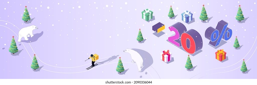 Isometric vector. New Year or Christmas banner with 20% discount. Gifts in the snowy forest of the northern countries. White bears. Order a purchase in the online store at home in sale with delivery 