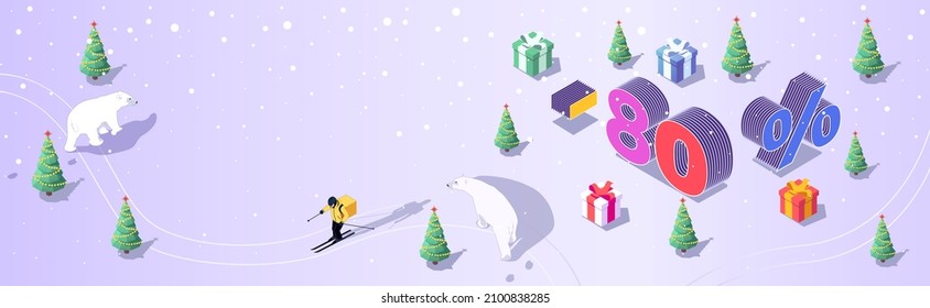 Isometric vector. New Year or Christmas banner with 80% discount. Gifts in the snowy forest of Christmas trees. Polar bears. Order a purchase in the online store at home in sale with delivery 