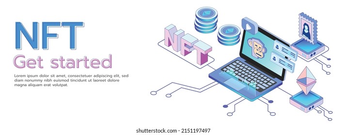 isometric vector nft template crypto art nft 3D isometric composition with coin icons servers with lock and art collectors vector illustration. 