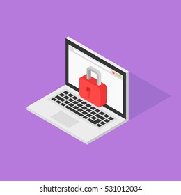 Isometric vector notebook laptop illustration, security concept with locks
