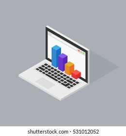 Isometric vector notebook laptop illustration, finance chart concept