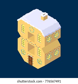 Isometric vector number eight 8yellow on blue winter chrismas house in shape of number eight 8 house isometric lettering