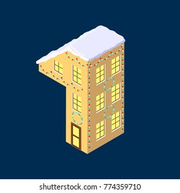 Isometric vector number one 1 yellow on blue winter chrismas house in shape of number one 1 house isometric lettering