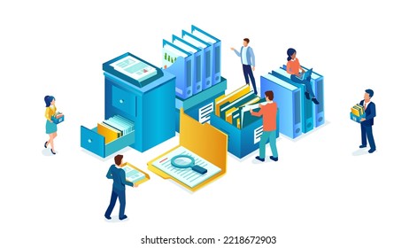 Isometric vector of office employees managing paper documents, file folders, and data storage 