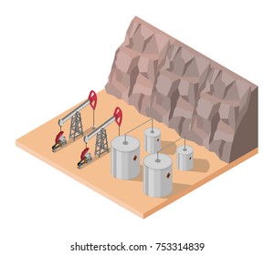 Isometric Vector Oil rig industry of processing petrol and transportation infographics set production elements.