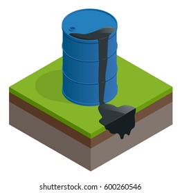 Isometric vector Oil spill or waste. Oil barrel dirty drum isolated on white background.