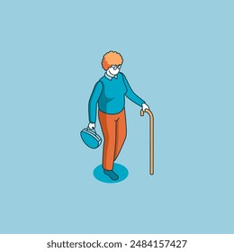 isometric vector old woman with a cane, in color on a blue background, linear icon or people in society