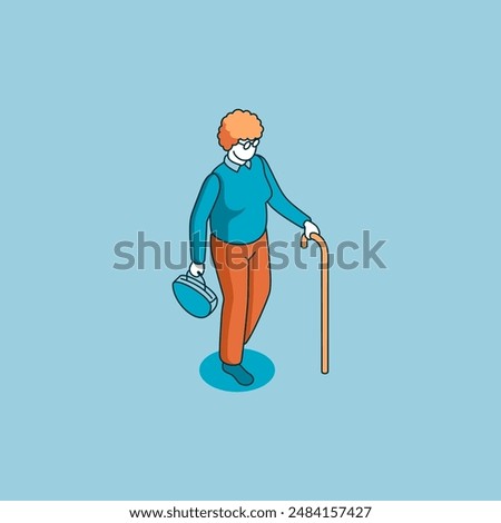 isometric vector old woman with a cane, in color on a blue background, linear icon or people in society