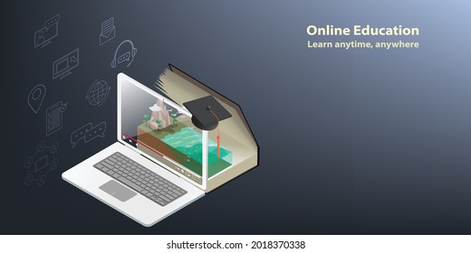 Isometric Vector Online Education Presented By Laptop Is Displaying Video Content And Textbook On Environment For Concept Of Learning Anytime, Anywhere Against Gradient Blue Background