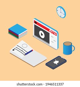 An isometric vector of online education for university student during Covid-19.
