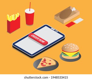 An isometric vector of online fast food ordering on smartphone concept 