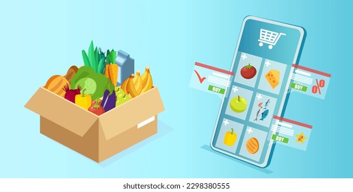 Isometric vector of an online grocery shopping app on smartphone and groceries in a box