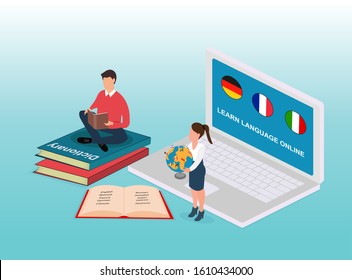 Isometric vector of online language learning concept with student reading book and using internet teacher coaching 