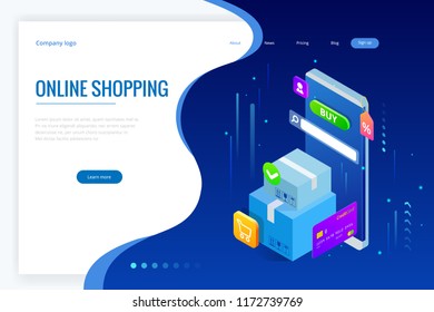 Isometric vector Online shopping concept. Landing page template. Modern ultraviolet design for a web page. Sale, consumerism, buy online and e-commerce concept.