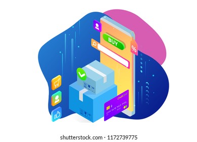 Isometric vector Online shopping concept. Landing page template. Modern ultraviolet design for a web page. Sale, consumerism, buy online and e-commerce concept.