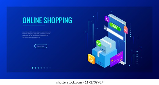 Isometric vector Online shopping concept. Landing page template. Modern ultraviolet design for a web page. Sale, consumerism, buy online and e-commerce concept.