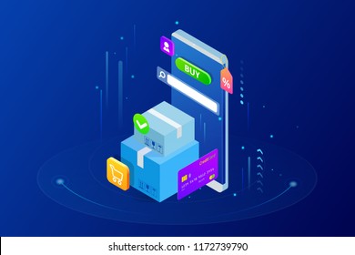 Isometric vector Online shopping concept. Landing page template. Modern ultraviolet design for a web page. Sale, consumerism, buy online and e-commerce concept.